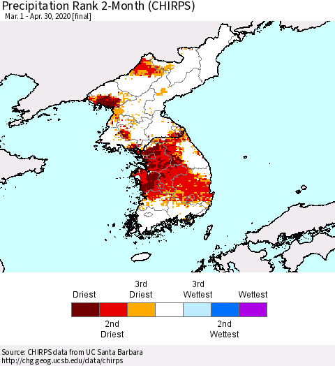 Korea Precipitation Rank 2-Month (CHIRPS) Thematic Map For 3/1/2020 - 4/30/2020