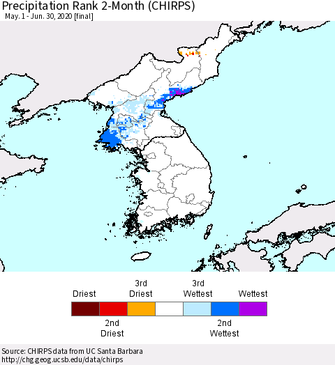Korea Precipitation Rank 2-Month (CHIRPS) Thematic Map For 5/1/2020 - 6/30/2020