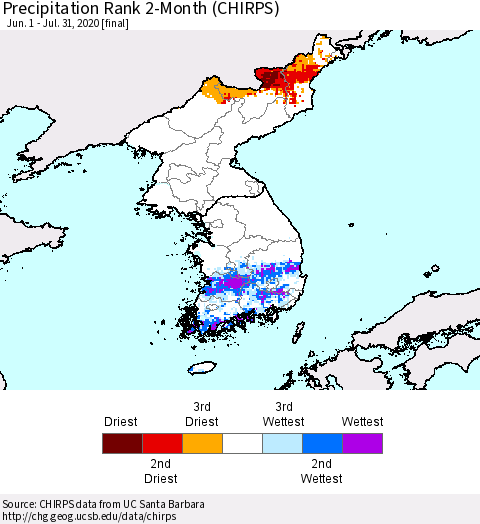 Korea Precipitation Rank since 1981, 2-Month (CHIRPS) Thematic Map For 6/1/2020 - 7/31/2020