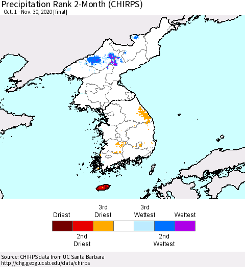Korea Precipitation Rank since 1981, 2-Month (CHIRPS) Thematic Map For 10/1/2020 - 11/30/2020