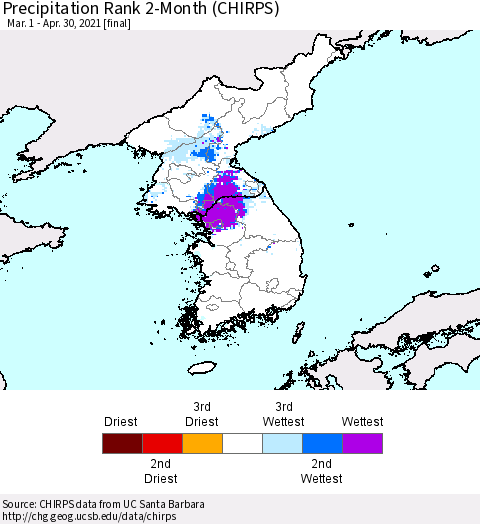Korea Precipitation Rank 2-Month (CHIRPS) Thematic Map For 3/1/2021 - 4/30/2021