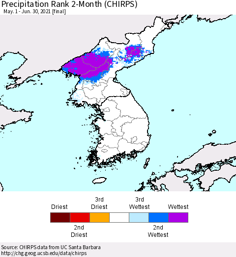Korea Precipitation Rank since 1981, 2-Month (CHIRPS) Thematic Map For 5/1/2021 - 6/30/2021