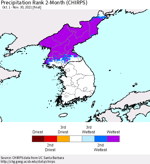 Korea Precipitation Rank since 1981, 2-Month (CHIRPS) Thematic Map For 10/1/2021 - 11/30/2021