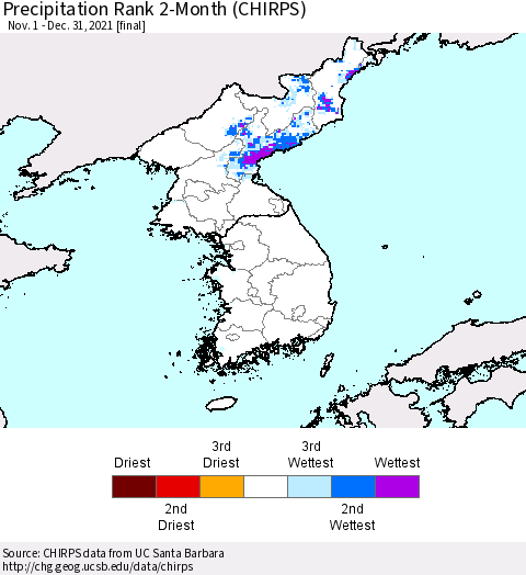 Korea Precipitation Rank since 1981, 2-Month (CHIRPS) Thematic Map For 11/1/2021 - 12/31/2021
