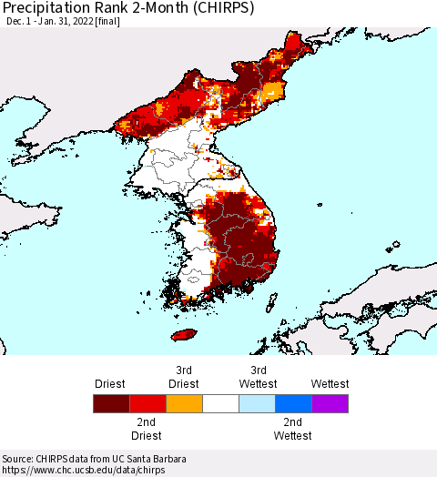 Korea Precipitation Rank since 1981, 2-Month (CHIRPS) Thematic Map For 12/1/2021 - 1/31/2022