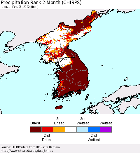 Korea Precipitation Rank since 1981, 2-Month (CHIRPS) Thematic Map For 1/1/2022 - 2/28/2022