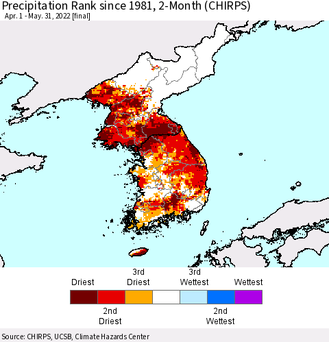 Korea Precipitation Rank since 1981, 2-Month (CHIRPS) Thematic Map For 4/1/2022 - 5/31/2022