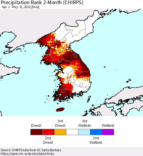 Korea Precipitation Rank since 1981, 2-Month (CHIRPS) Thematic Map For 4/1/2022 - 5/31/2022