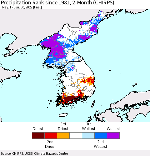 Korea Precipitation Rank since 1981, 2-Month (CHIRPS) Thematic Map For 5/1/2022 - 6/30/2022