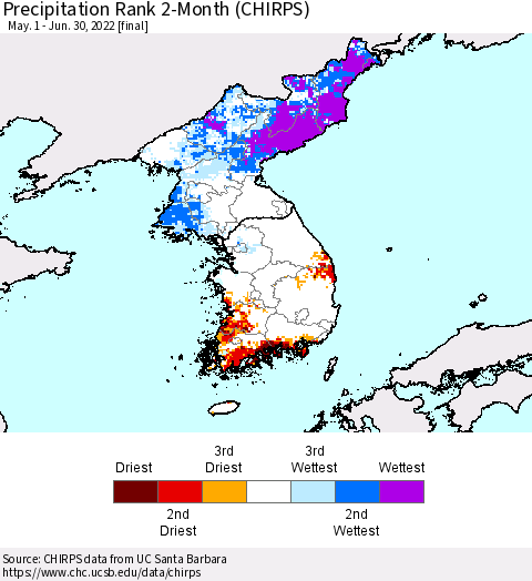Korea Precipitation Rank since 1981, 2-Month (CHIRPS) Thematic Map For 5/1/2022 - 6/30/2022