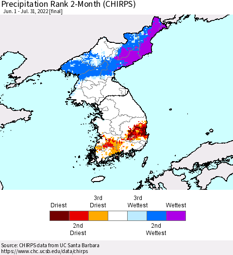Korea Precipitation Rank since 1981, 2-Month (CHIRPS) Thematic Map For 6/1/2022 - 7/31/2022
