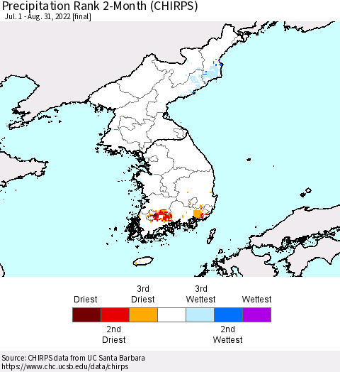 Korea Precipitation Rank 2-Month (CHIRPS) Thematic Map For 7/1/2022 - 8/31/2022