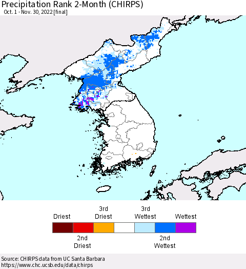 Korea Precipitation Rank 2-Month (CHIRPS) Thematic Map For 10/1/2022 - 11/30/2022