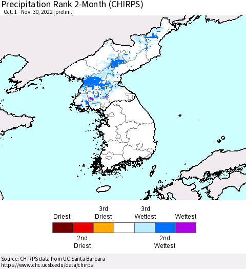 Korea Precipitation Rank 2-Month (CHIRPS) Thematic Map For 10/1/2022 - 11/30/2022
