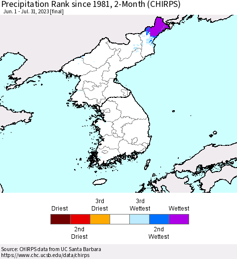 Korea Precipitation Rank since 1981, 2-Month (CHIRPS) Thematic Map For 6/1/2023 - 7/31/2023