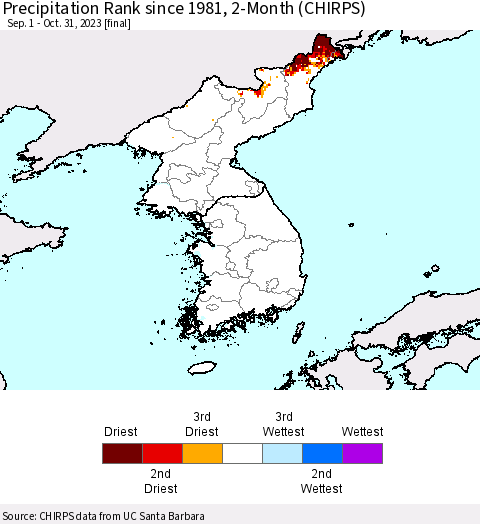 Korea Precipitation Rank since 1981, 2-Month (CHIRPS) Thematic Map For 9/1/2023 - 10/31/2023