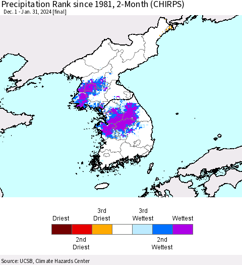 Korea Precipitation Rank since 1981, 2-Month (CHIRPS) Thematic Map For 12/1/2023 - 1/31/2024