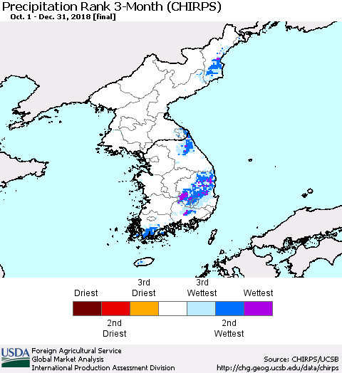 Korea Precipitation Rank since 1981, 3-Month (CHIRPS) Thematic Map For 10/1/2018 - 12/31/2018