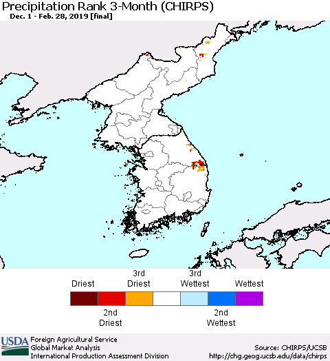 Korea Precipitation Rank since 1981, 3-Month (CHIRPS) Thematic Map For 12/1/2018 - 2/28/2019