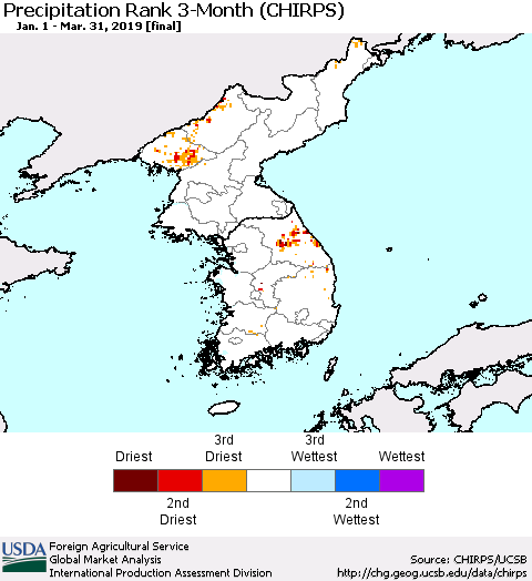 Korea Precipitation Rank since 1981, 3-Month (CHIRPS) Thematic Map For 1/1/2019 - 3/31/2019