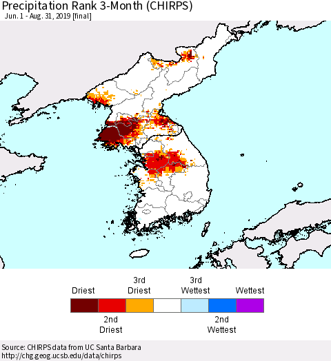 Korea Precipitation Rank since 1981, 3-Month (CHIRPS) Thematic Map For 6/1/2019 - 8/31/2019