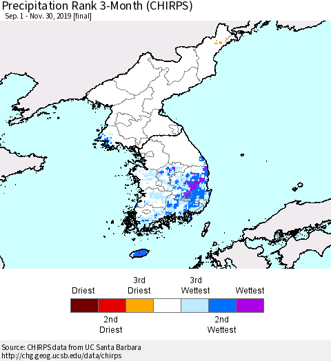 Korea Precipitation Rank 3-Month (CHIRPS) Thematic Map For 9/1/2019 - 11/30/2019