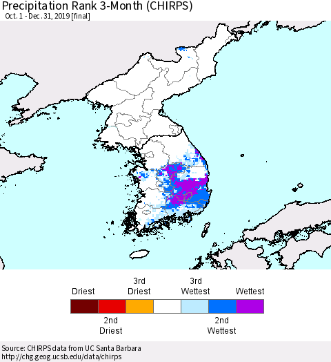 Korea Precipitation Rank 3-Month (CHIRPS) Thematic Map For 10/1/2019 - 12/31/2019