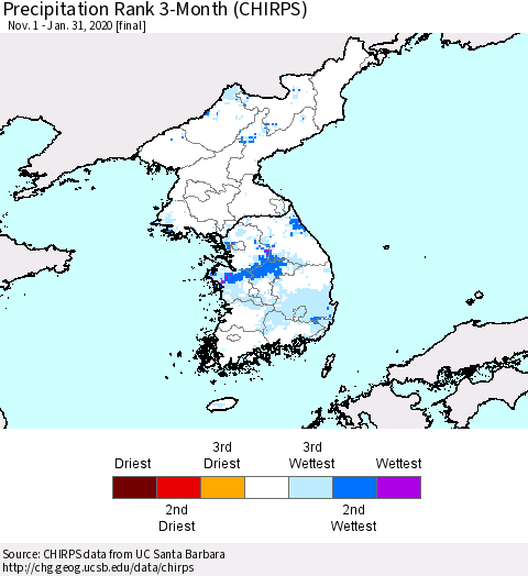 Korea Precipitation Rank 3-Month (CHIRPS) Thematic Map For 11/1/2019 - 1/31/2020