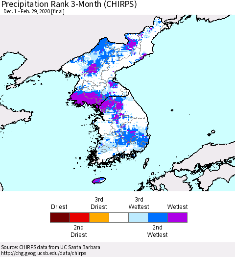 Korea Precipitation Rank 3-Month (CHIRPS) Thematic Map For 12/1/2019 - 2/29/2020