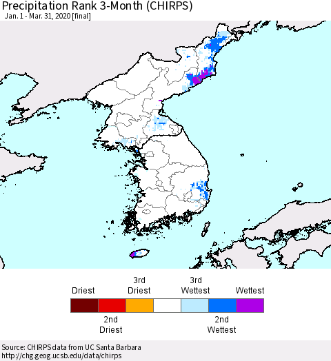 Korea Precipitation Rank since 1981, 3-Month (CHIRPS) Thematic Map For 1/1/2020 - 3/31/2020