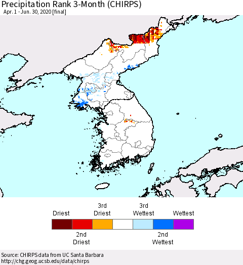 Korea Precipitation Rank 3-Month (CHIRPS) Thematic Map For 4/1/2020 - 6/30/2020