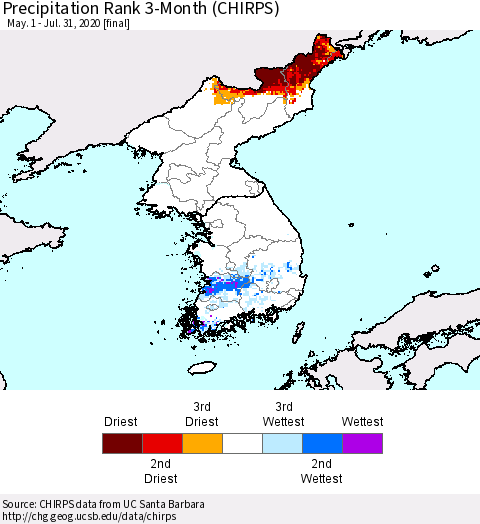 Korea Precipitation Rank 3-Month (CHIRPS) Thematic Map For 5/1/2020 - 7/31/2020