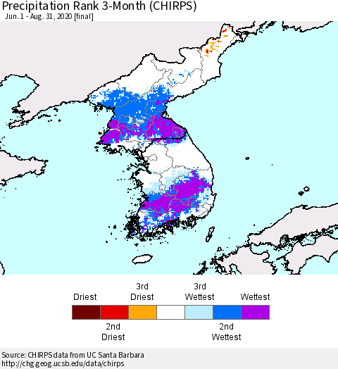 Korea Precipitation Rank since 1981, 3-Month (CHIRPS) Thematic Map For 6/1/2020 - 8/31/2020