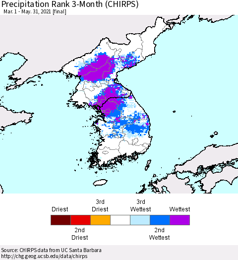 Korea Precipitation Rank 3-Month (CHIRPS) Thematic Map For 3/1/2021 - 5/31/2021