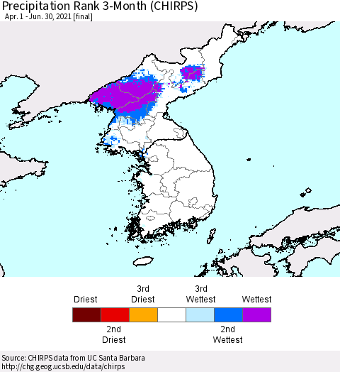 Korea Precipitation Rank since 1981, 3-Month (CHIRPS) Thematic Map For 4/1/2021 - 6/30/2021