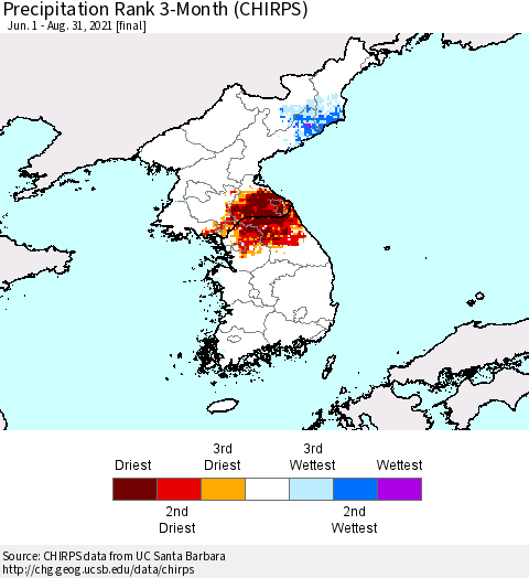 Korea Precipitation Rank since 1981, 3-Month (CHIRPS) Thematic Map For 6/1/2021 - 8/31/2021
