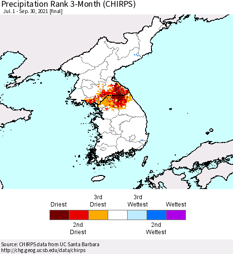 Korea Precipitation Rank since 1981, 3-Month (CHIRPS) Thematic Map For 7/1/2021 - 9/30/2021