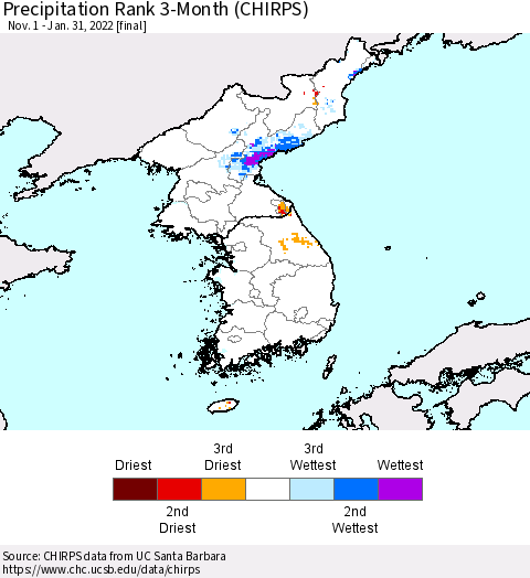 Korea Precipitation Rank 3-Month (CHIRPS) Thematic Map For 11/1/2021 - 1/31/2022