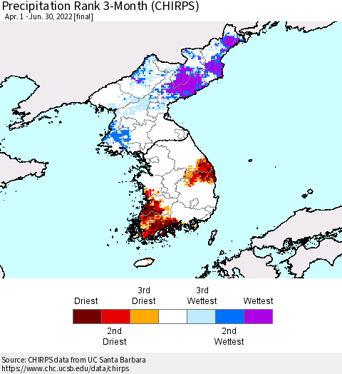 Korea Precipitation Rank since 1981, 3-Month (CHIRPS) Thematic Map For 4/1/2022 - 6/30/2022