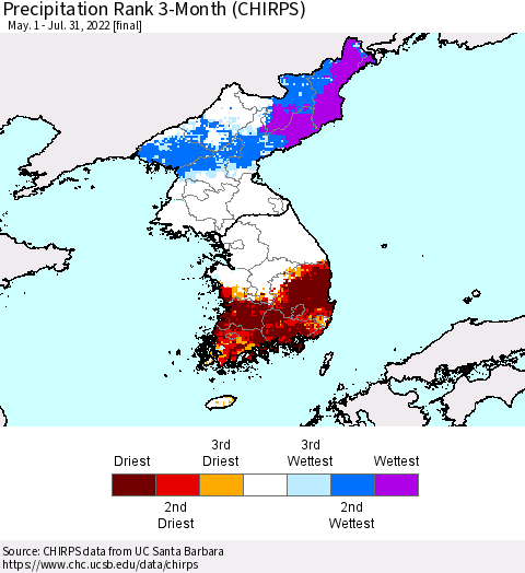 Korea Precipitation Rank since 1981, 3-Month (CHIRPS) Thematic Map For 5/1/2022 - 7/31/2022