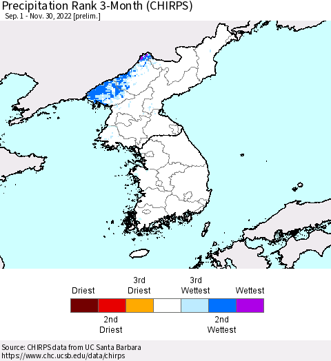 Korea Precipitation Rank 3-Month (CHIRPS) Thematic Map For 9/1/2022 - 11/30/2022