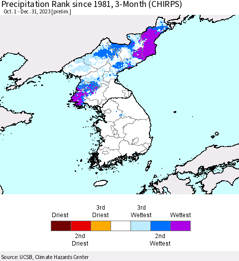 Korea Precipitation Rank since 1981, 3-Month (CHIRPS) Thematic Map For 10/1/2023 - 12/31/2023