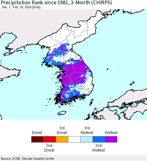 Korea Precipitation Rank since 1981, 3-Month (CHIRPS) Thematic Map For 12/1/2023 - 2/29/2024