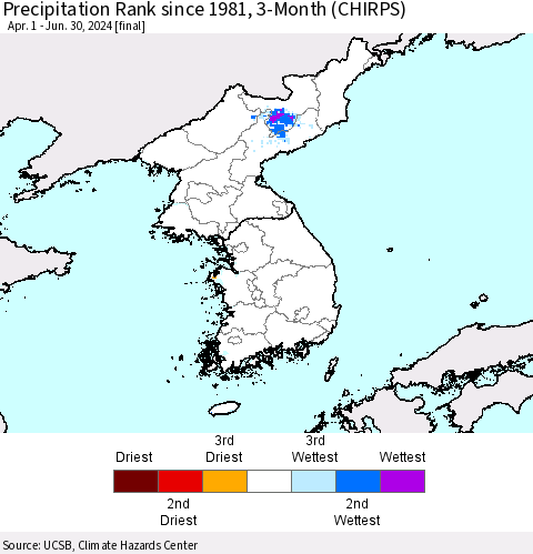 Korea Precipitation Rank since 1981, 3-Month (CHIRPS) Thematic Map For 4/1/2024 - 6/30/2024