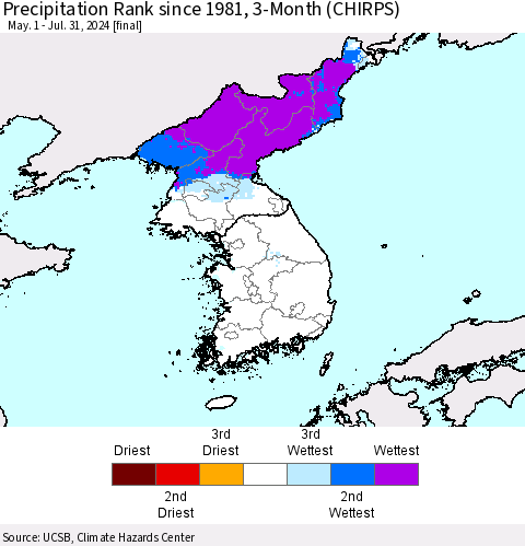 Korea Precipitation Rank since 1981, 3-Month (CHIRPS) Thematic Map For 5/1/2024 - 7/31/2024
