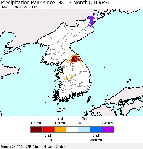 Korea Precipitation Rank since 1981, 3-Month (CHIRPS) Thematic Map For 11/1/2024 - 1/31/2025