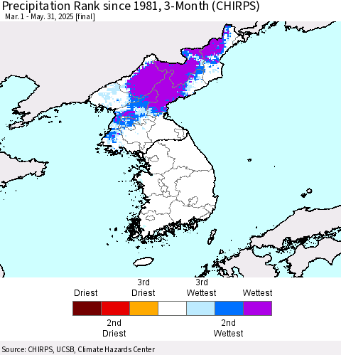 Korea Precipitation Rank since 1981, 3-Month (CHIRPS) Thematic Map For 3/1/2025 - 5/31/2025