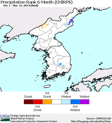 Korea Precipitation Rank since 1981, 6-Month (CHIRPS) Thematic Map For 10/1/2018 - 3/31/2019
