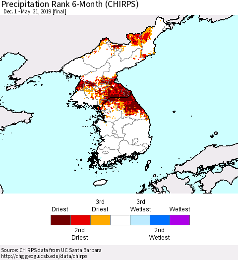 Korea Precipitation Rank since 1981, 6-Month (CHIRPS) Thematic Map For 12/1/2018 - 5/31/2019
