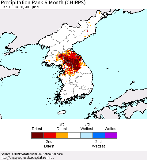 Korea Precipitation Rank since 1981, 6-Month (CHIRPS) Thematic Map For 1/1/2019 - 6/30/2019